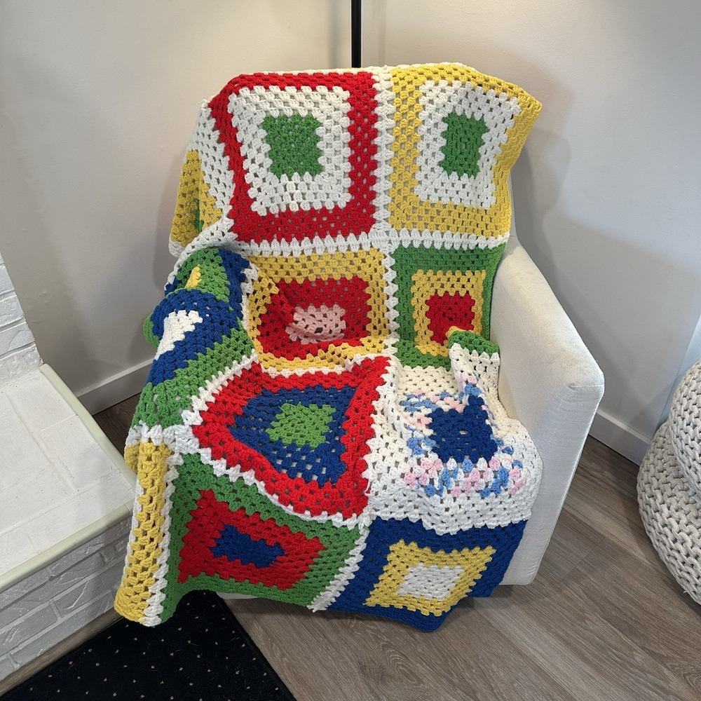 Vintage Granny Square Colorful Crochet‎ Afghan Blanket Throw Colorful 43"x74"